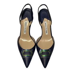 Manolo Blahnik Pointed Toe Slingback Halter Pump Leather Buckle Kitten Heel 39